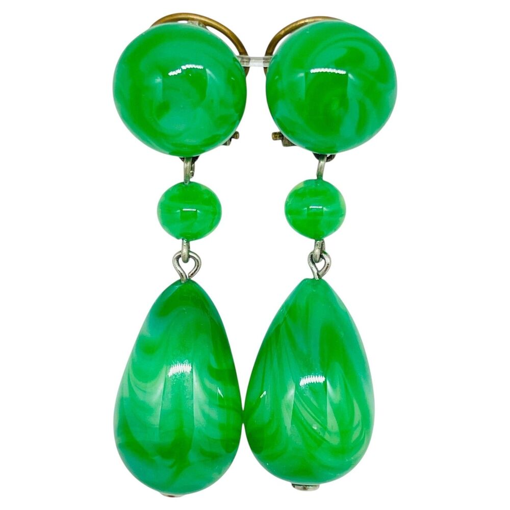 Vintage LOUIS ROUSSELET DEPOSE France green jade glass clip on drop earrings